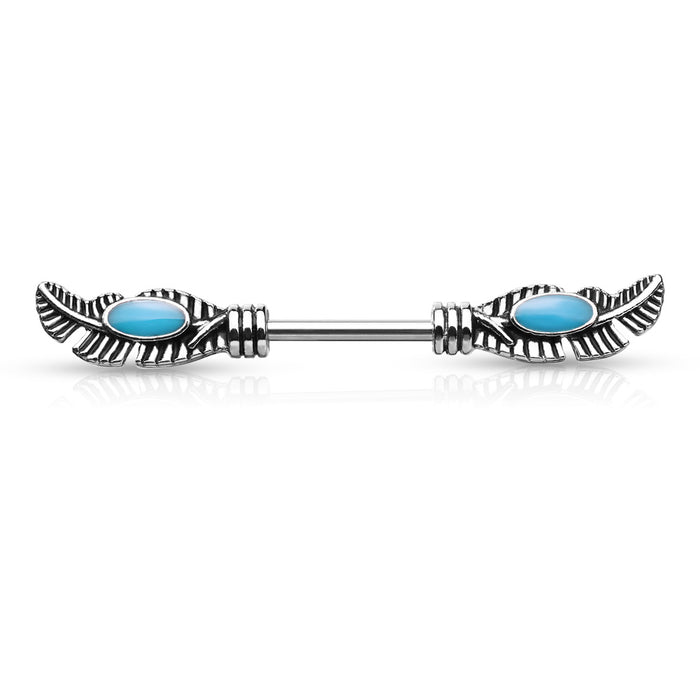 Tribal Feather With Turquoise Enamel 316L Surgical Steel Barbell Nipple Ring