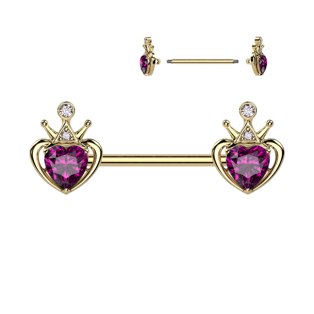 Gold PVD Over 316L Surgical Steel Nipple Barbell With Crown and Pink Gem Heart Ends - Gold/Pink