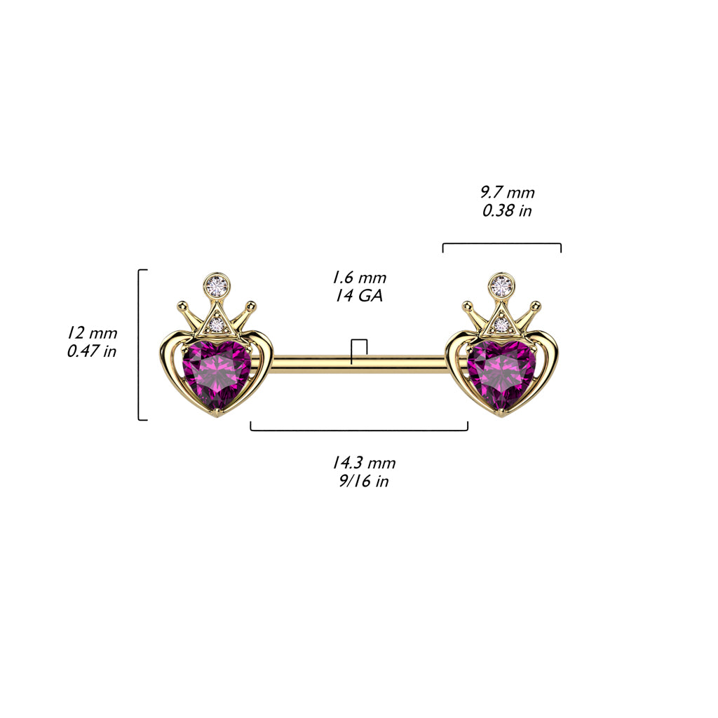 Gold PVD Over 316L Surgical Steel Nipple Barbell With Crown and Pink Gem Heart Ends size chart