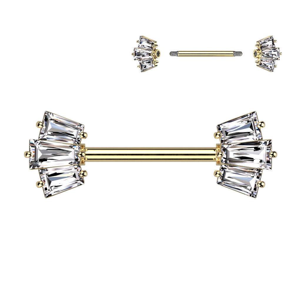 316L Surgical Steel Nipple Barbell With 5 Baguette CZ Set Crown Ends - Gold/Clear