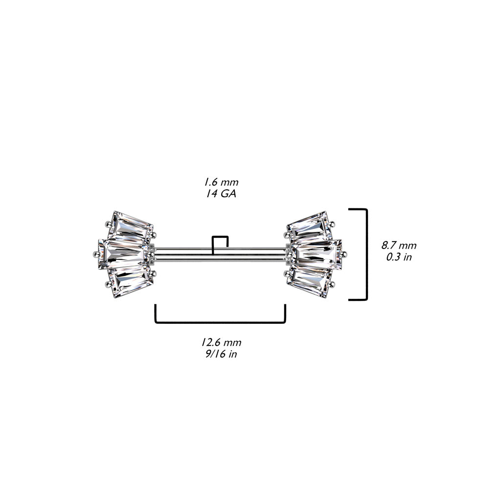 316L Surgical Steel Nipple Barbell With 5 Baguette CZ Set Crown Ends size chart
