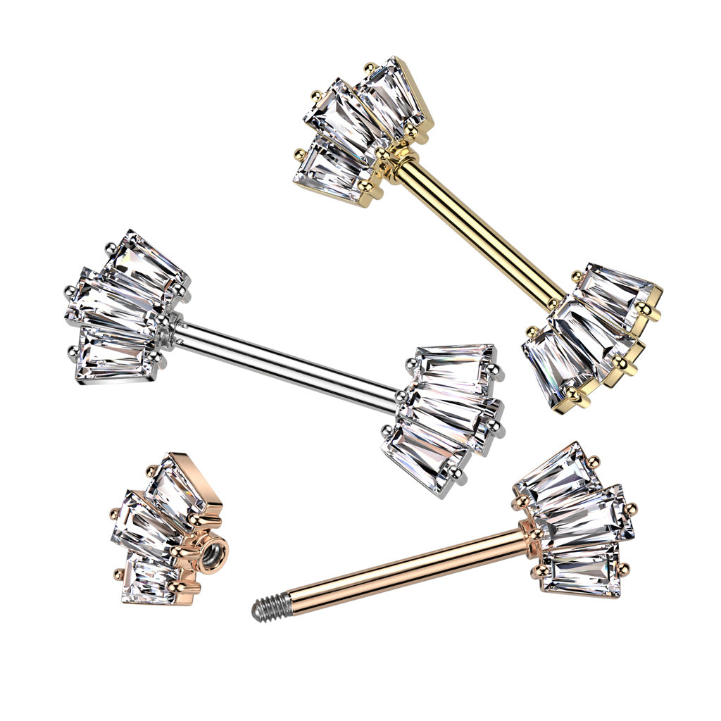 316L Surgical Steel Nipple Barbell With 5 Baguette CZ Set Crown Ends - all colors