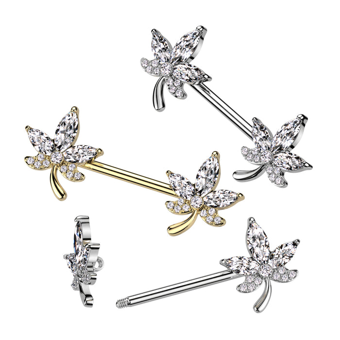 316L Surgical Steel Nipple Barbell With CZ Leaf Ends