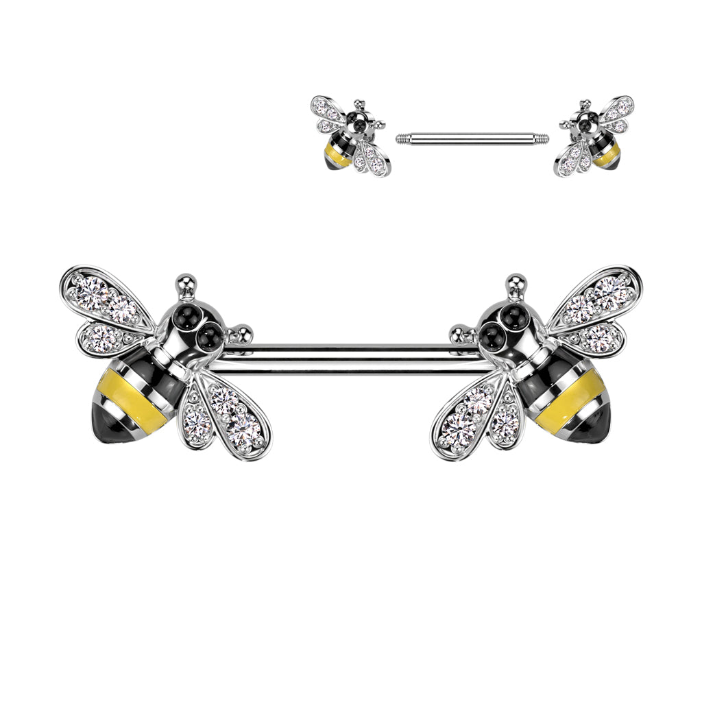 316L Surgical Steel Nipple Barbell With CZ Bee Ends - Clear