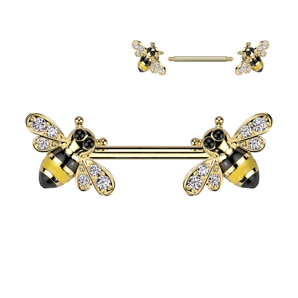 316L Surgical Steel Nipple Barbell With CZ Bee Ends - Gold/Clear