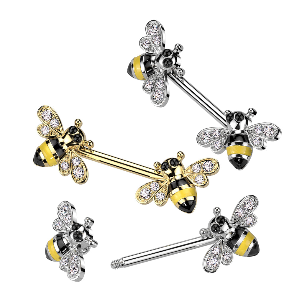 316L Surgical Steel Nipple Barbell With CZ Bee Ends - all colors