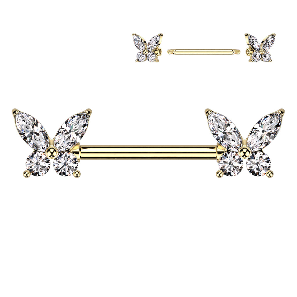 316L Surgical Steel Nipple Barbell With Cz Butterfly Ends - Gold/Clear