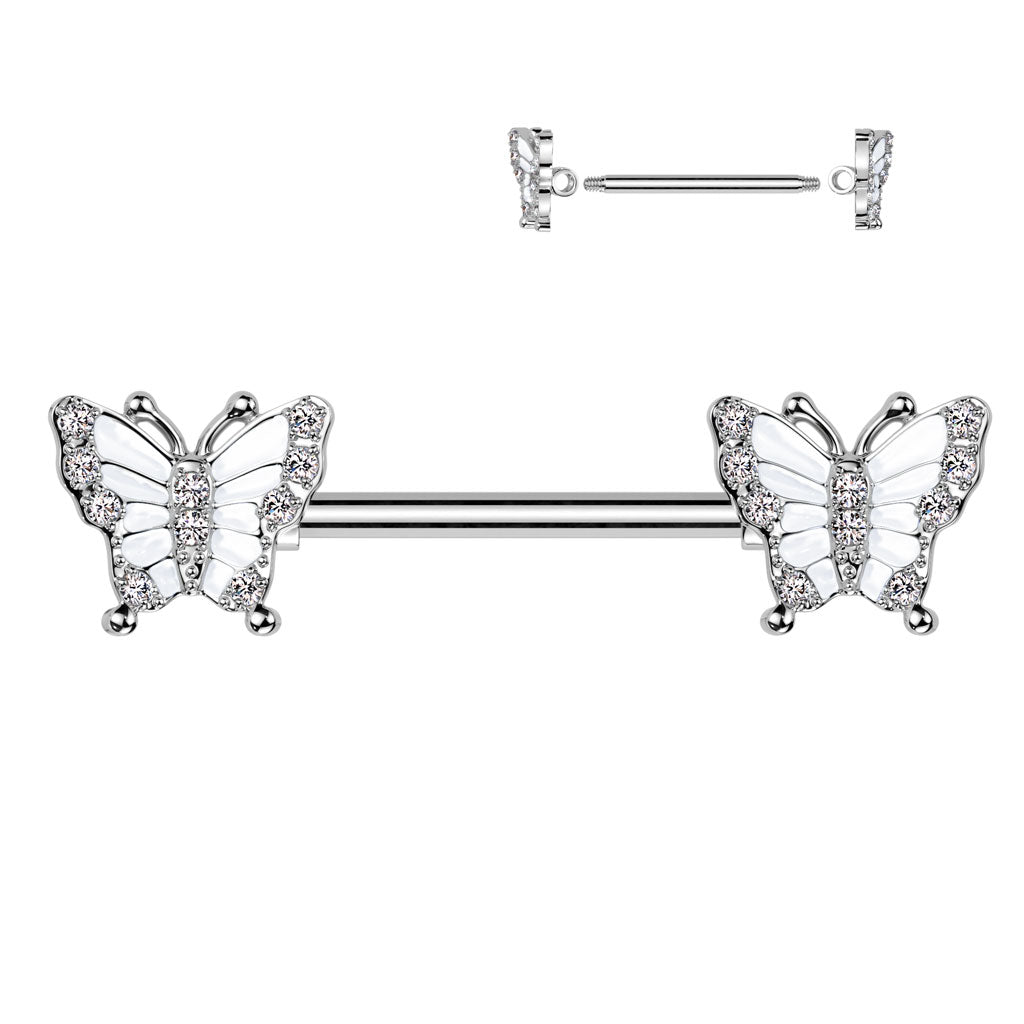 316L Surgical Steel Nipple Barbell With Pave Cz Butterfly Ends - Clear