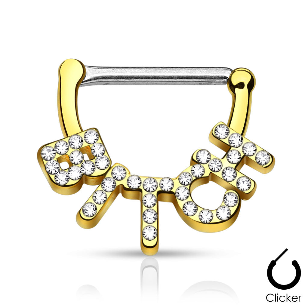 Crystal Paved "Bitch" 316L Surgical Steel Nipple Clicker - Gold/Clear