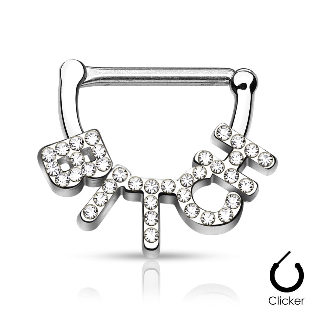 Crystal Paved "Bitch" 316L Surgical Steel Nipple Clicker - Steel/Clear