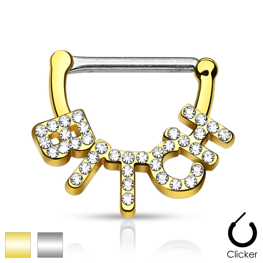 Crystal Paved "Bitch" 316L Surgical Steel Nipple Clicker - all colors