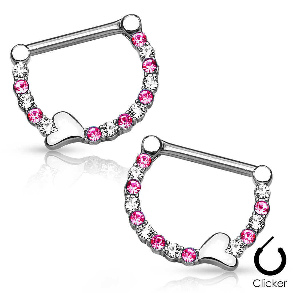 Pair of Lined Crystals with Heart 316L Surgical Steel Nipple Clickers - Clear/Pink