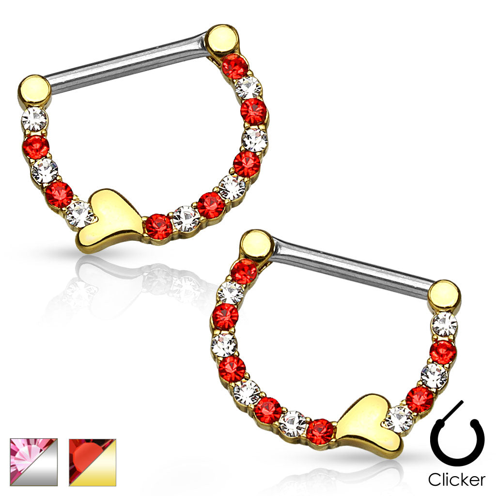 Pair of Lined Crystals with Heart 316L Surgical Steel Nipple Clickers - Gold/Clear/Red