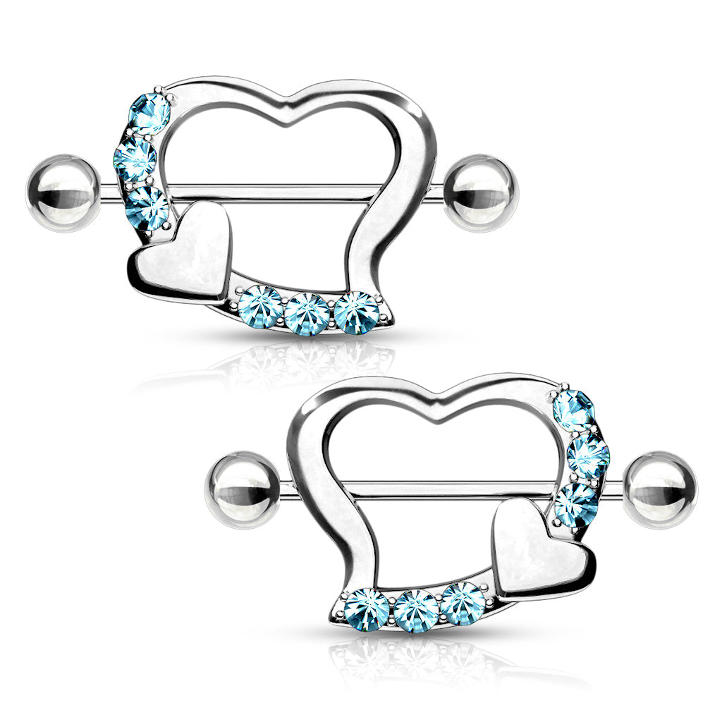 Pair of Pave Gem Heart Nipple Shield - Aqua