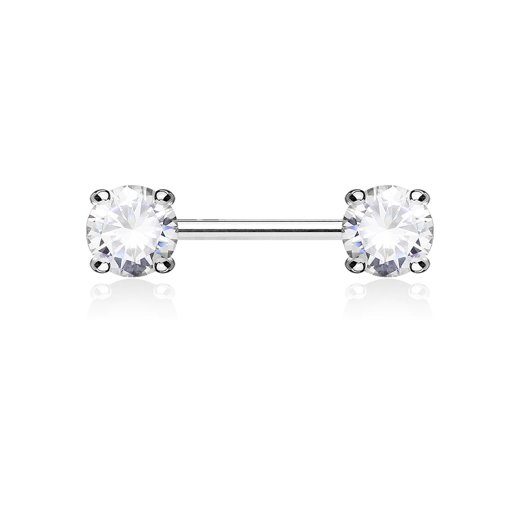 Double Front Facing Round Prong Set CZs 316L Surgical Steel Nipple Bar - Clear