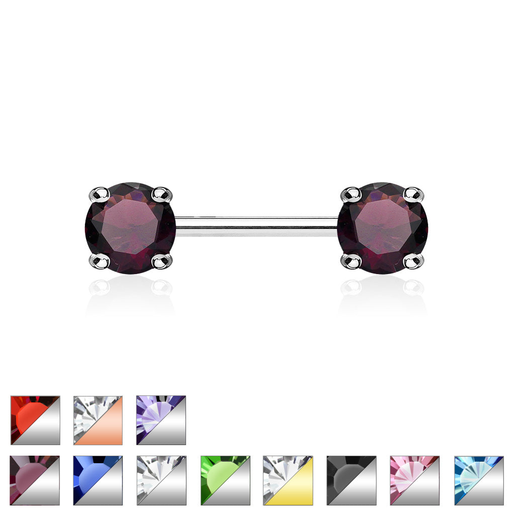 Double Front Facing Round Prong Set CZs 316L Surgical Steel Nipple Bar - all colors