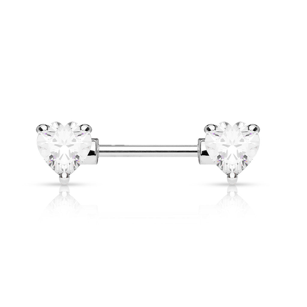 Double Front Facing Heart CZ Prong Set 316L Surgical Steel Nipple Bar - Clear