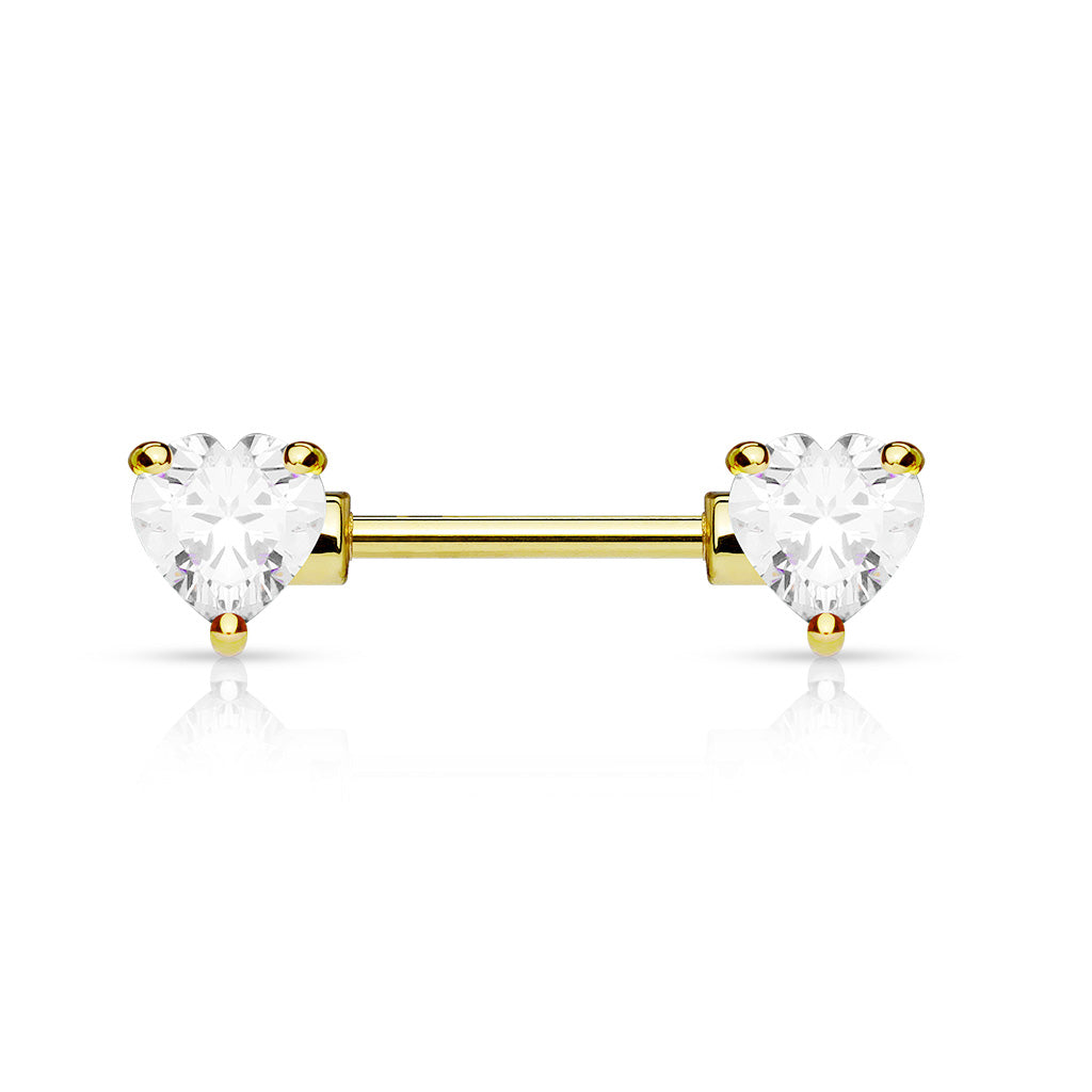 Double Front Facing Heart CZ Prong Set 316L Surgical Steel Nipple Bar - Gold/Clear