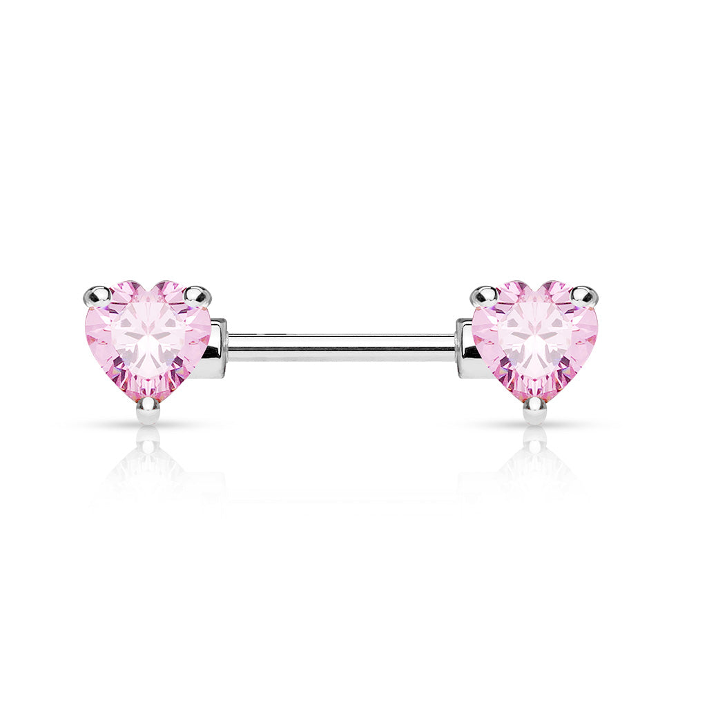 Double Front Facing Heart CZ Prong Set 316L Surgical Steel Nipple Bar - Pink