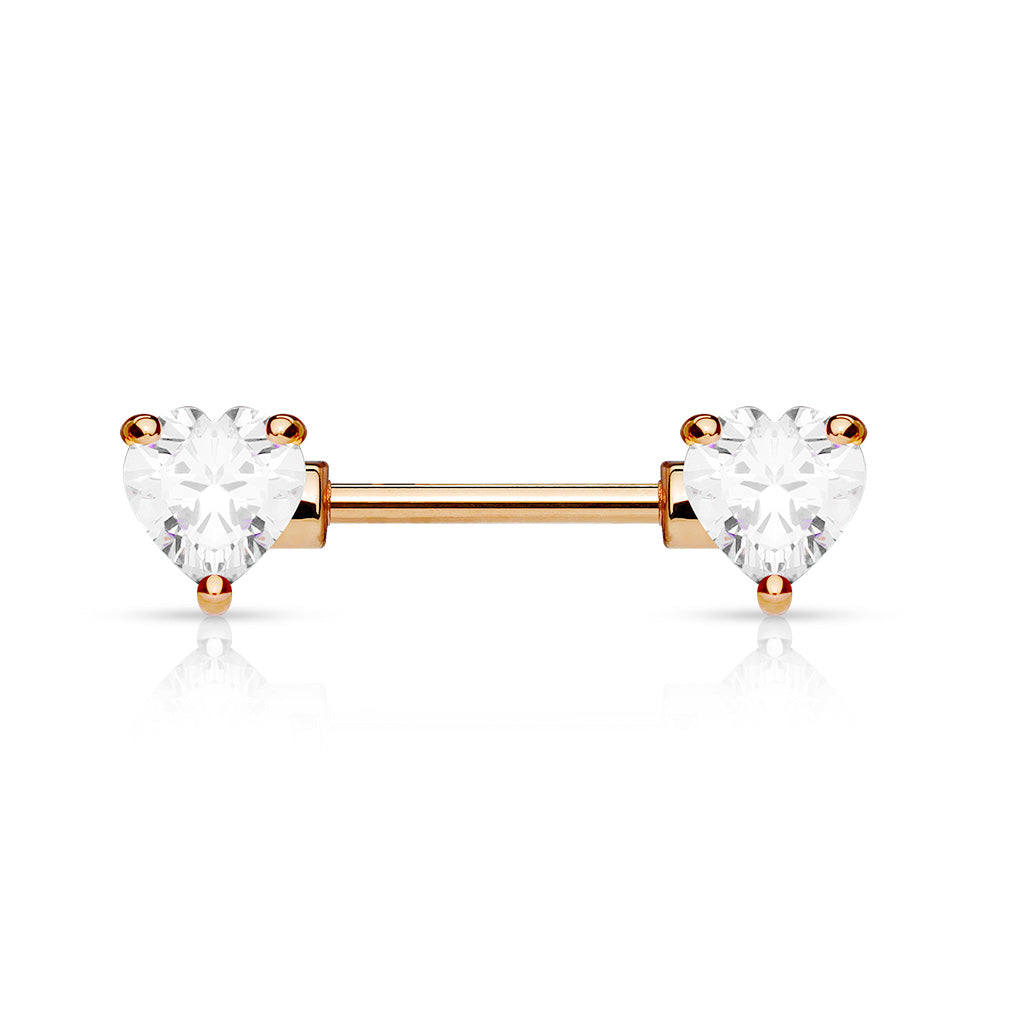 Double Front Facing Heart CZ Prong Set 316L Surgical Steel Nipple Bar - Rose Gold/Clear