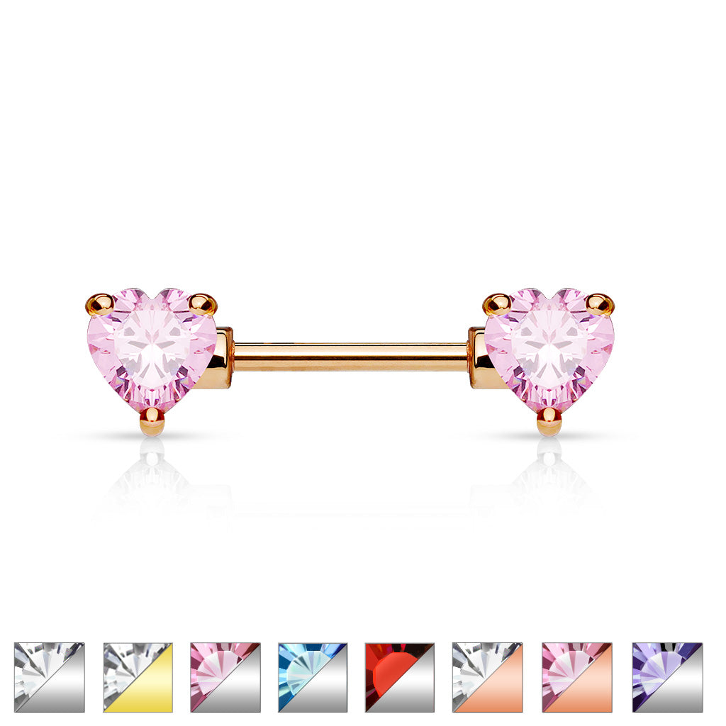 Double Front Facing Heart CZ Prong Set 316L Surgical Steel Nipple Bar - all colors