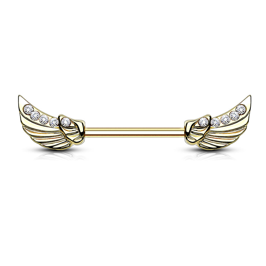 Angels Wings with Lined CZs 316L Surgical Steel Nipple Bar - Gold/Clear