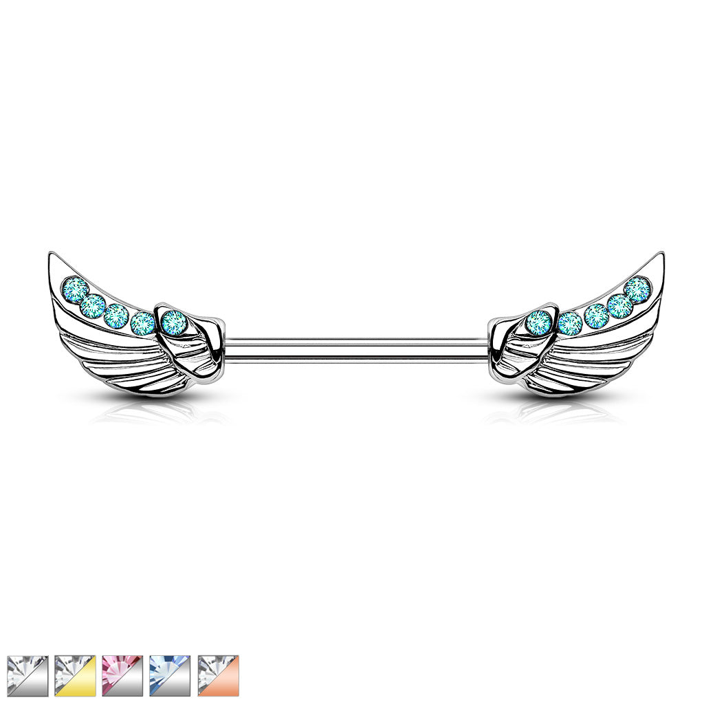 Angels Wings with Lined CZs 316L Surgical Steel Nipple Bar - all colors