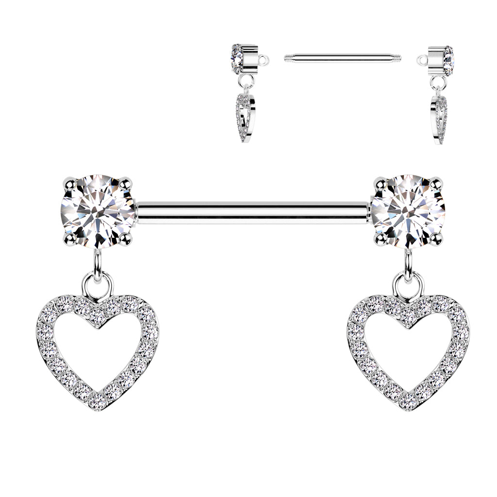 316L Surgical Steel Nipple Barbell With Round Prong Set Cz Ends And Cz Pave Hollow Heart Dangles - Clear
