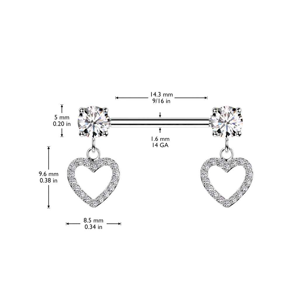 316L Surgical Steel Nipple Barbell With Round Prong Set Cz Ends And Cz Pave Hollow Heart Dangles size chart