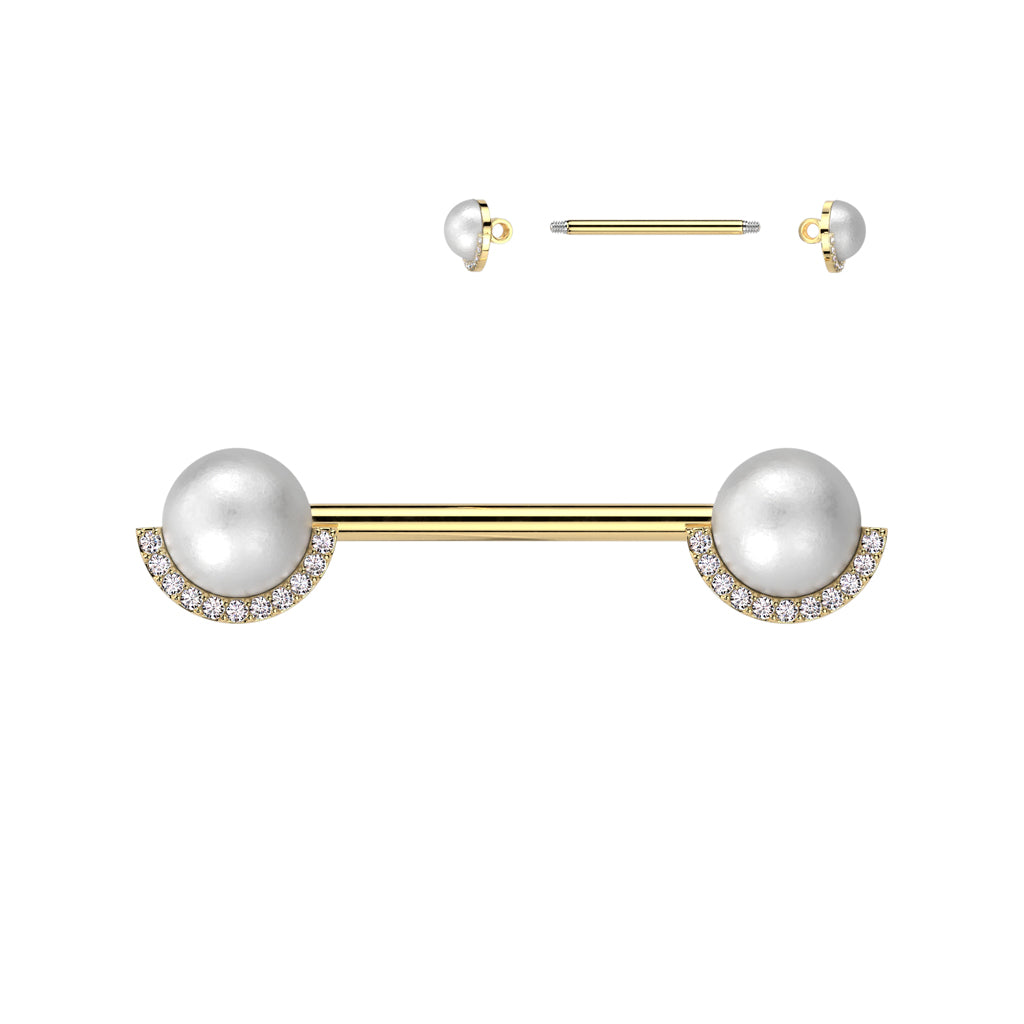 316L Surgical Steel Nipple Barbell With Pearl and Half CZ Rim Edge - Gold/Clear