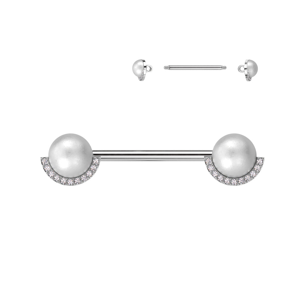 316L Surgical Steel Nipple Barbell With Pearl and Half CZ Rim Edge - Steel/Clear