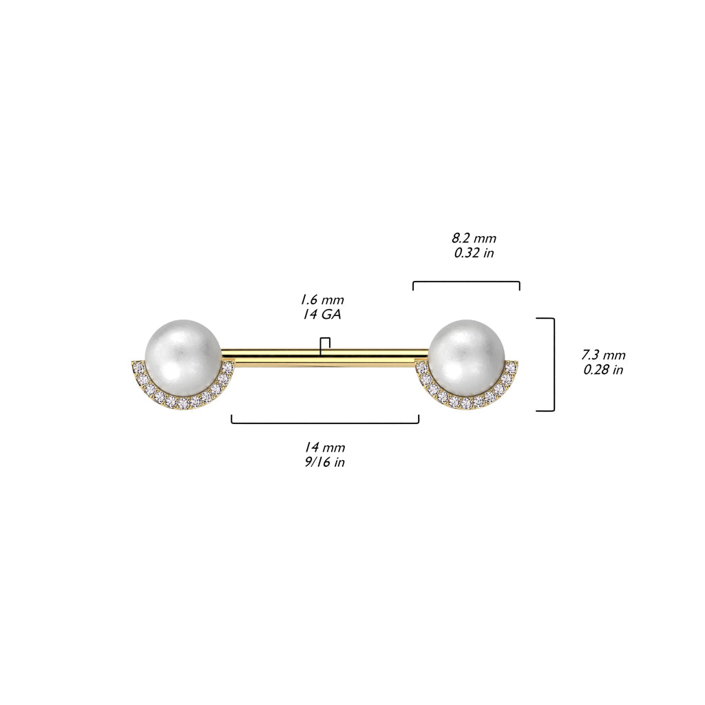 316L Surgical Steel Nipple Barbell With Pearl and Half CZ Rim Edge size chart
