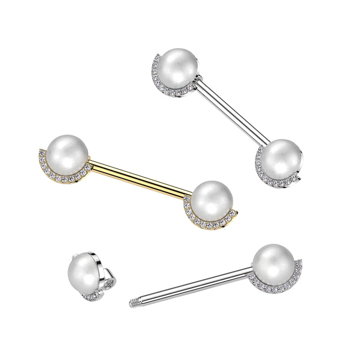 316L Surgical Steel Nipple Barbell With Pearl And Half CZ Rim Edge