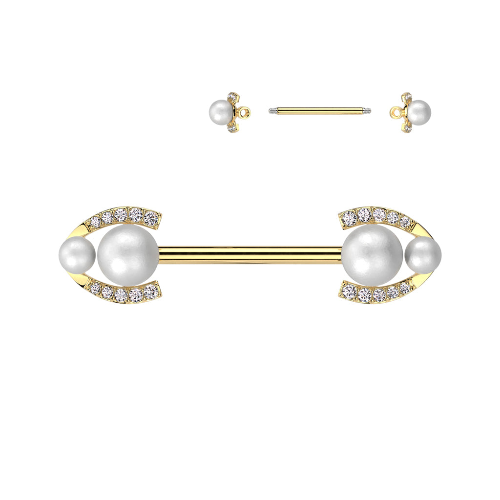 316L Surgical Steel Nipple Barbell With Double Pearl and Pave CZ Horseshoe Edge - Gold/Clear