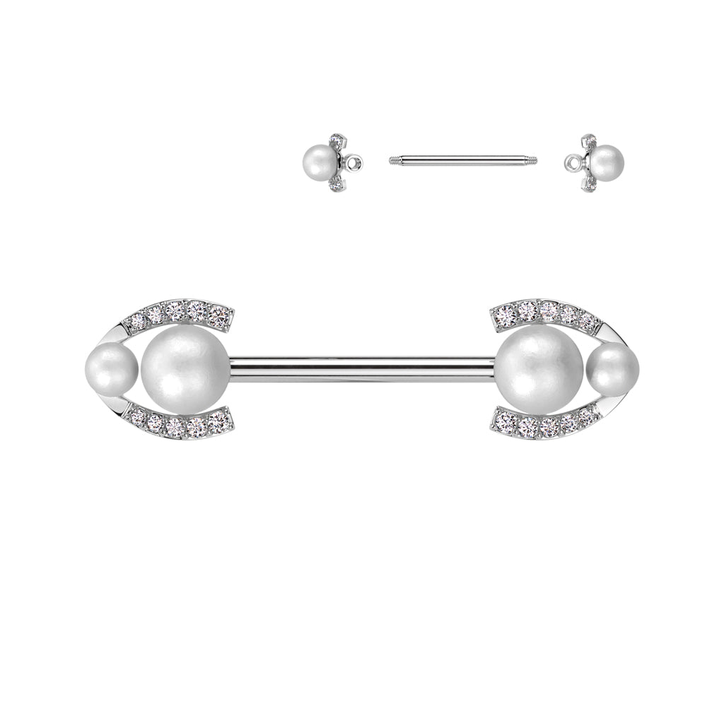 316L Surgical Steel Nipple Barbell With Double Pearl and Pave CZ Horseshoe Edge - Steel/Clear