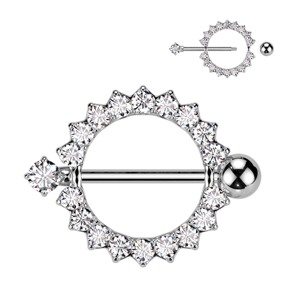 CZ Paved Circle With Pring Set CZ Barbell Nipple Rings - Clear