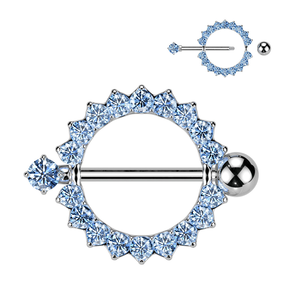 CZ Paved Circle With Pring Set CZ Barbell Nipple Rings - Lt.Blue