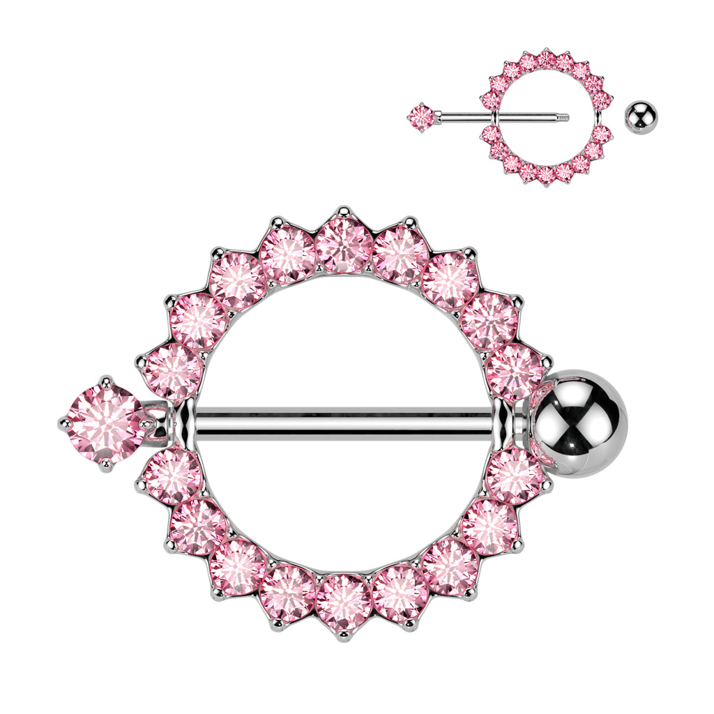 CZ Paved Circle With Pring Set CZ Barbell Nipple Rings - Pink