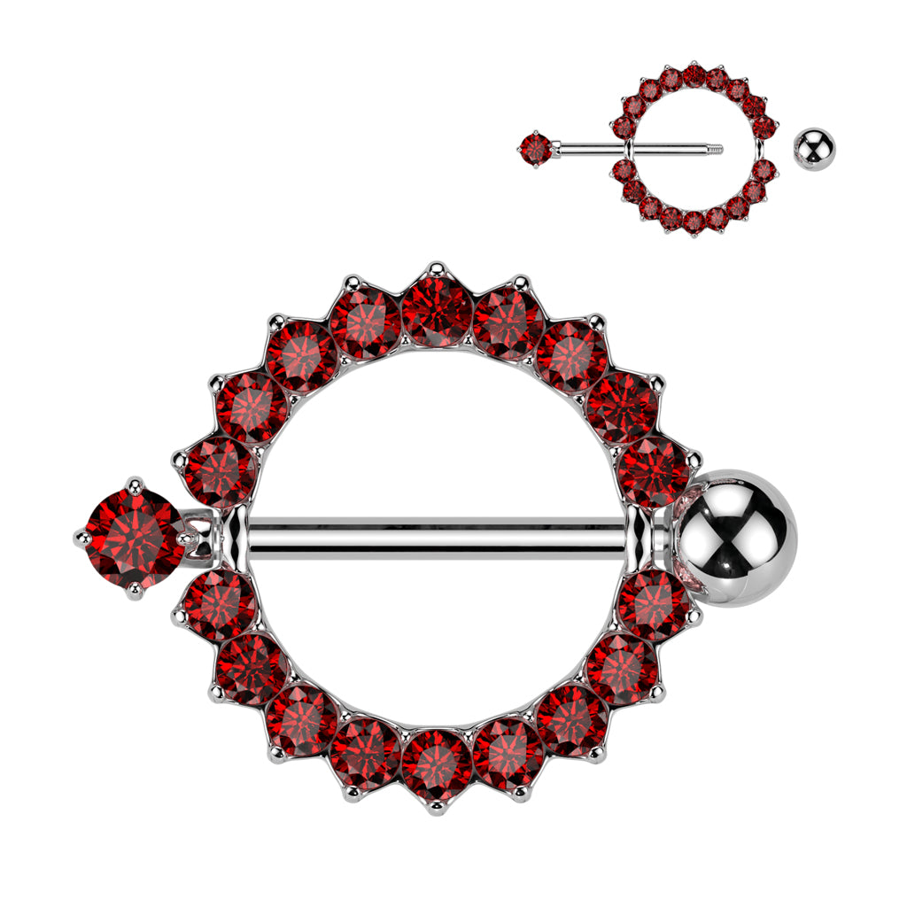 CZ Paved Circle With Pring Set CZ Barbell Nipple Rings - Red