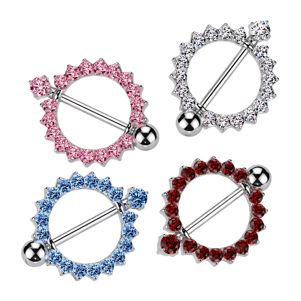 CZ Paved Circle With Pring Set CZ Barbell Nipple Rings - all colors