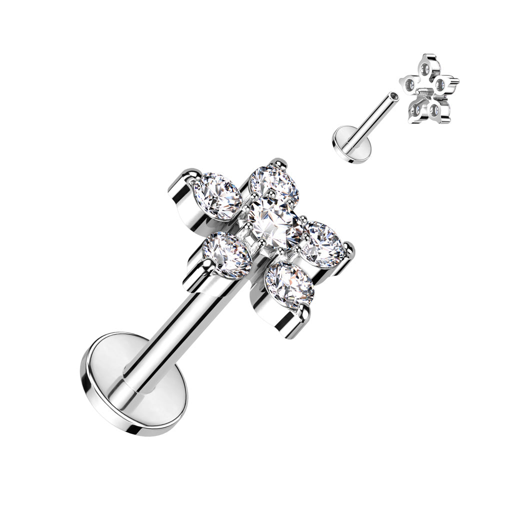 Double Tiered 6 CZ Flower Top Internally Threaded 316L Surgical Steel Labret, Monroe, Ear Cartilage Studs - Clear