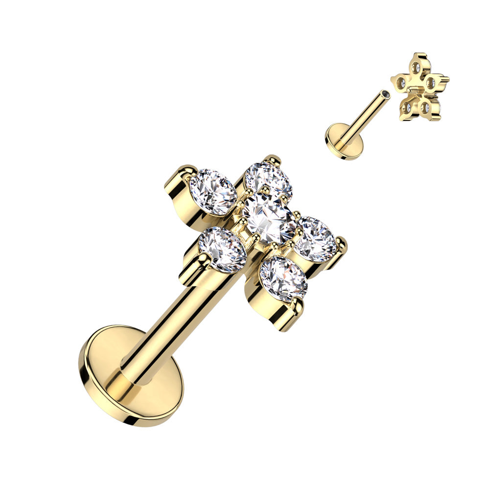 Double Tiered 6 CZ Flower Top Internally Threaded 316L Surgical Steel Labret, Monroe, Ear Cartilage Studs - Gold/Clear