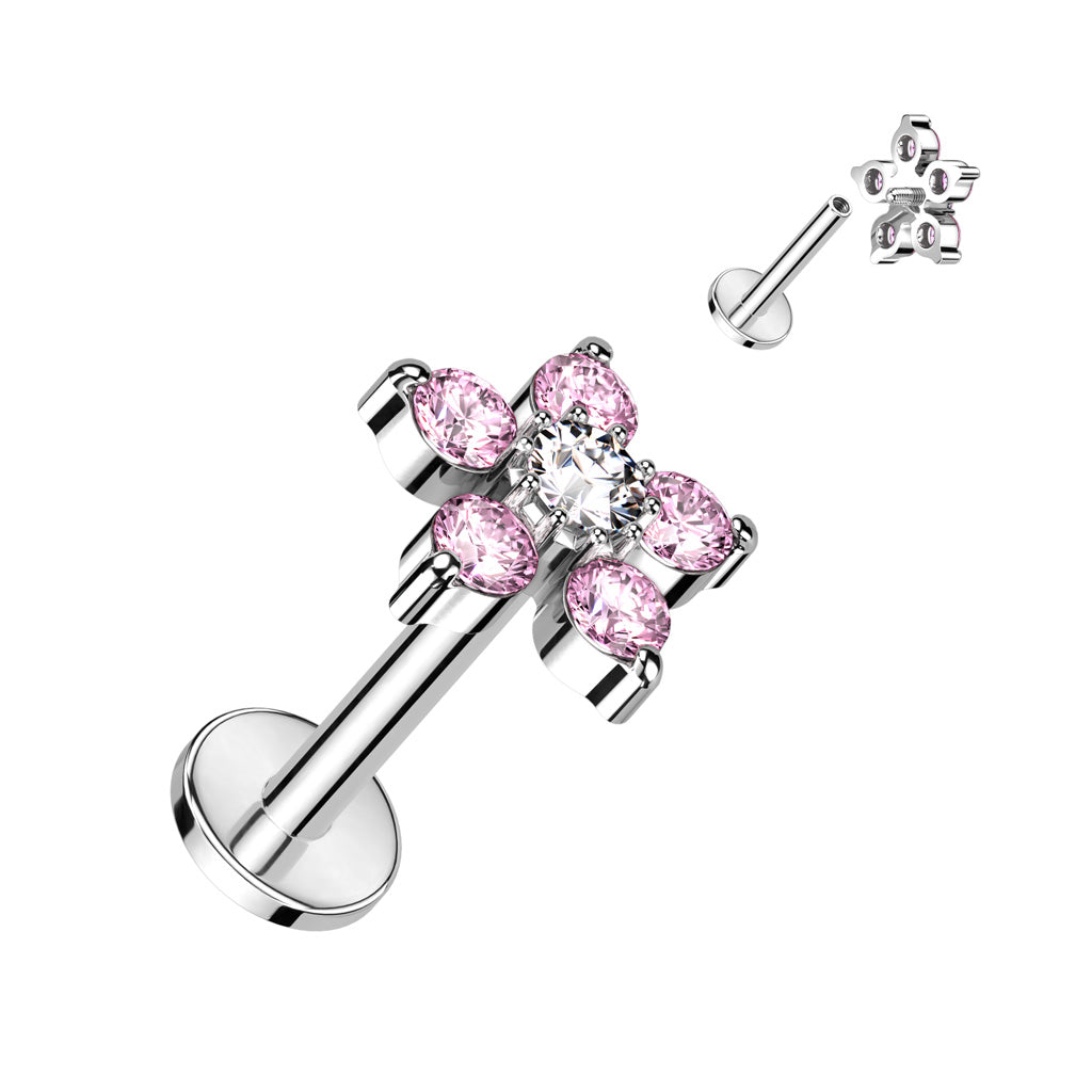 Double Tiered 6 CZ Flower Top Internally Threaded 316L Surgical Steel Labret, Monroe, Ear Cartilage Studs - Pink/Clear