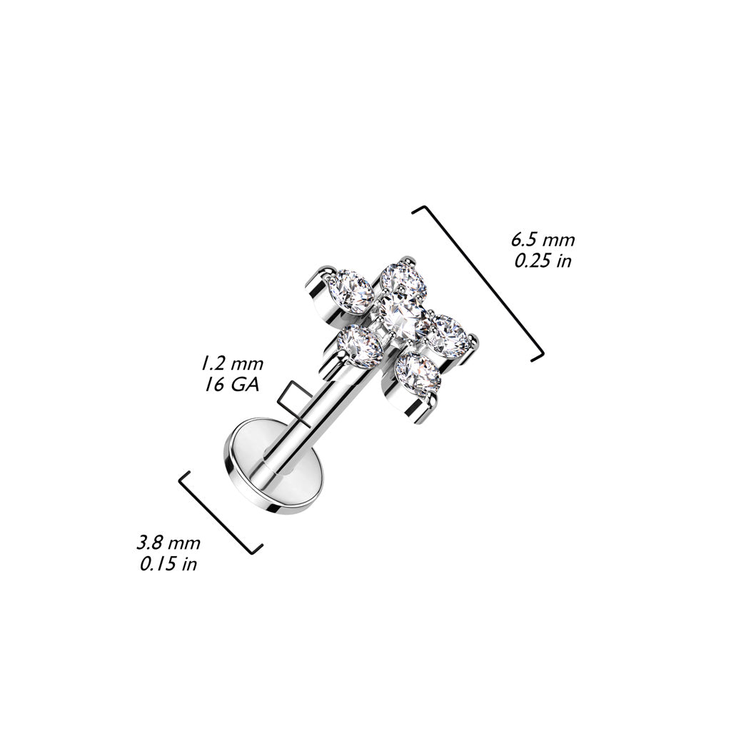 Double Tiered 6 CZ Flower Top Internally Threaded 316L Surgical Steel Labret, Monroe, Ear Cartilage Studs size chart