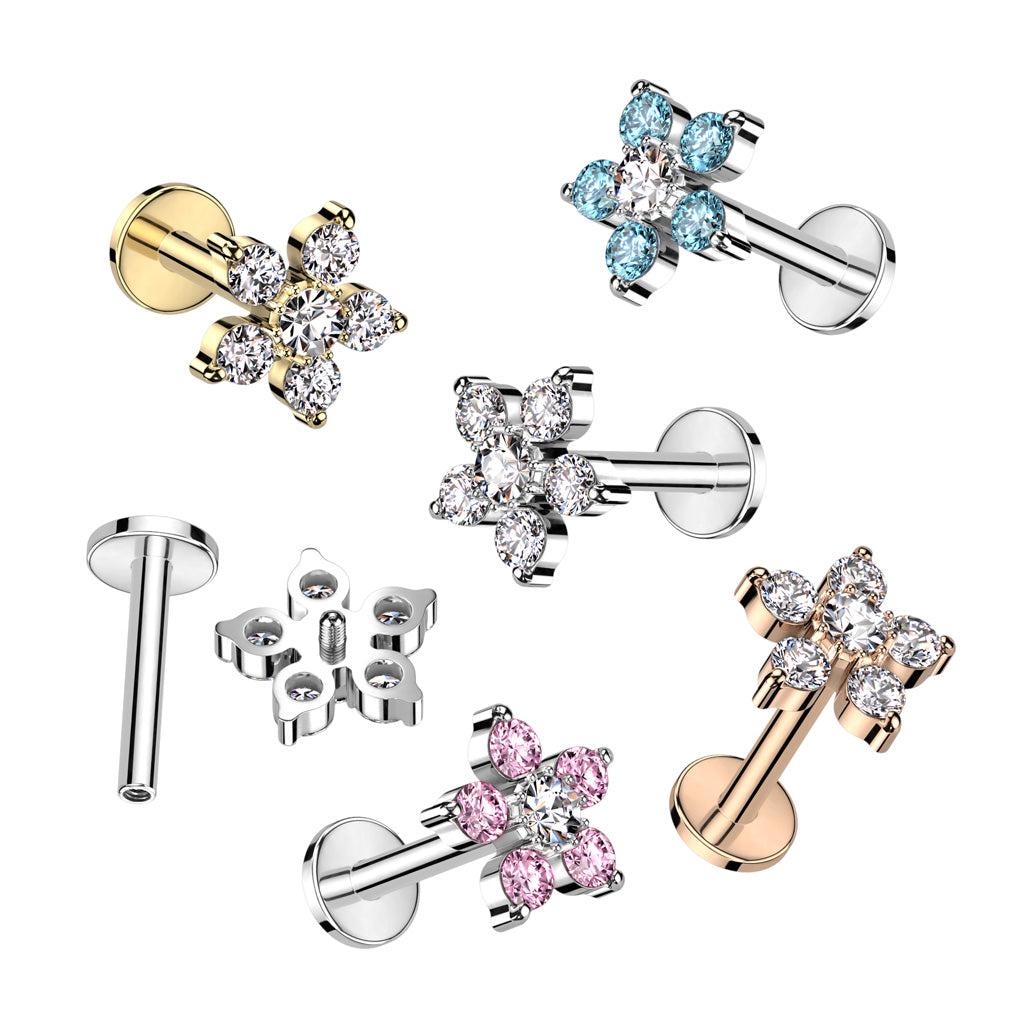 Double Tiered 6 CZ Flower Top Internally Threaded 316L Surgical Steel Labret, Monroe, Ear Cartilage Studs - all colors