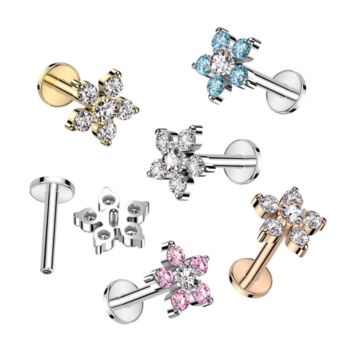 Double Tiered 6 CZ Flower Internally Threaded 316L Surgical Steel Labret Stud