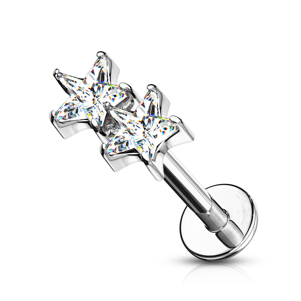 Twin CZ Star Top Internally Threaded 316L Surgical Steel Flat Back Studs for Labret, Monroe, Ear Cartilage and More - Clear