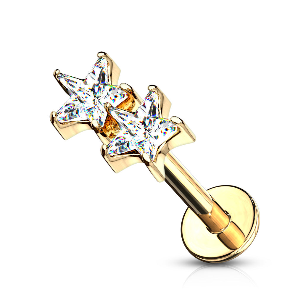 Twin CZ Star Top Internally Threaded 316L Surgical Steel Flat Back Studs for Labret, Monroe, Ear Cartilage and More - Gold/Clear