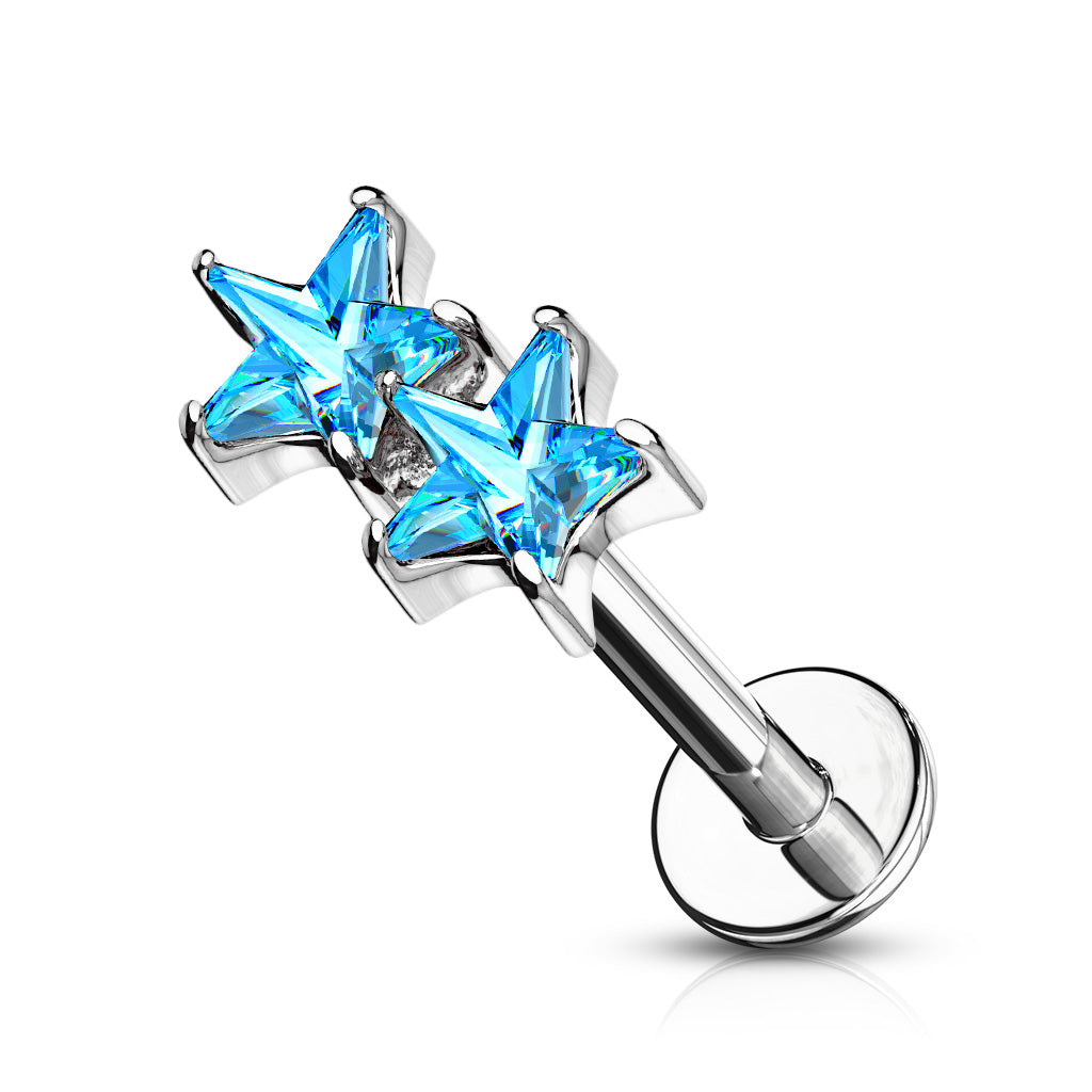 Twin CZ Star Top Internally Threaded 316L Surgical Steel Flat Back Studs for Labret, Monroe, Ear Cartilage and More - Aqua