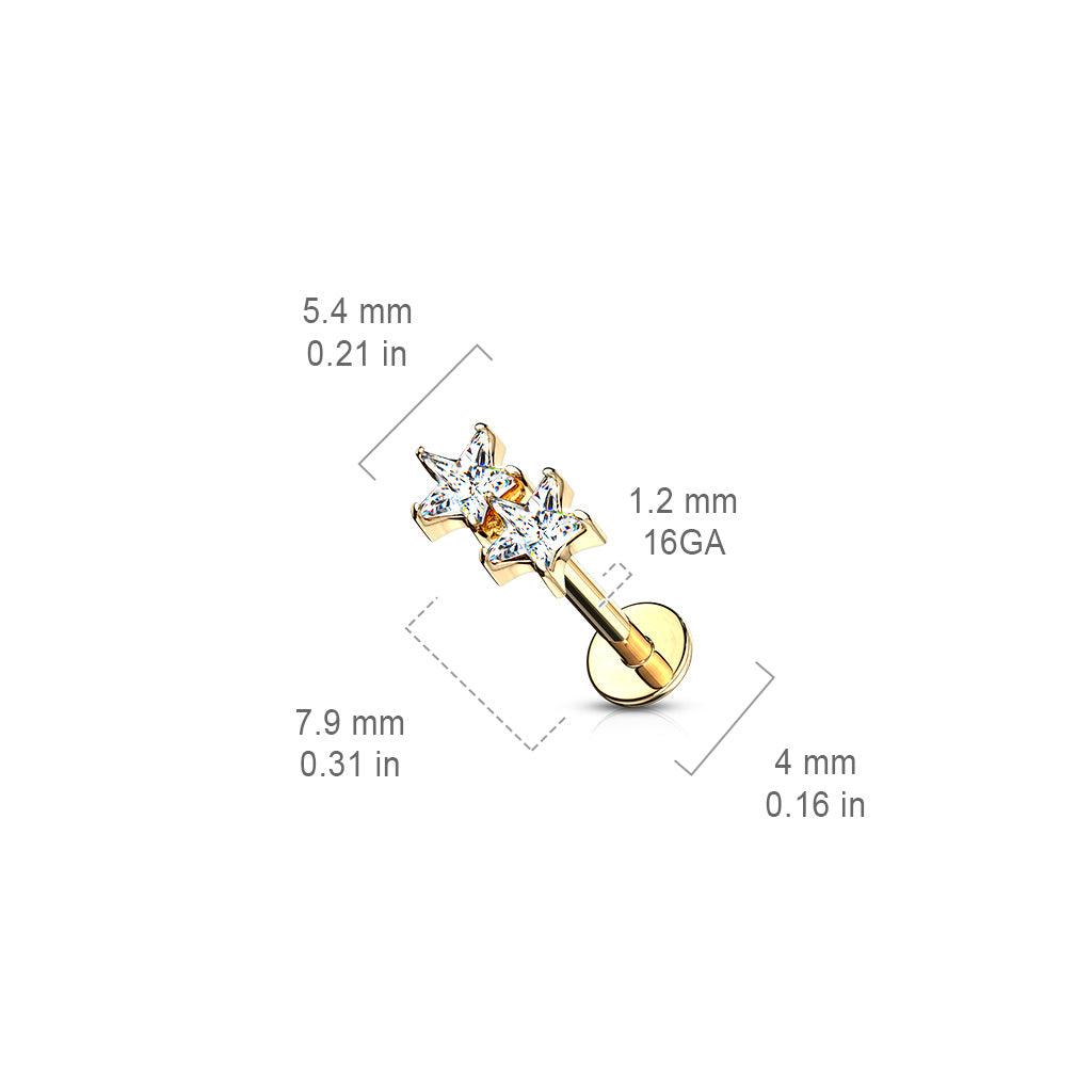 Twin CZ Star Top Internally Threaded 316L Surgical Steel Flat Back Studs for Labret, Monroe, Ear Cartilage and More size chart